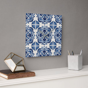 Reloj Cuadrado Baldosas mediterráneas, portuguesas, azulejo, mall
