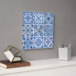 Reloj Cuadrado Baldosas mediterráneas, portuguesas, azulejo, mall