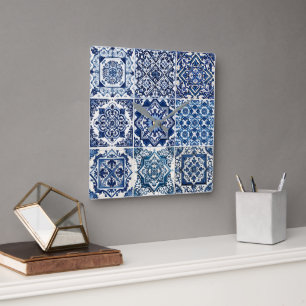 Reloj Cuadrado Baldosas mediterráneas, portuguesas, azulejo, mall