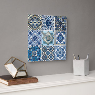 Reloj Cuadrado Baldosas mediterráneas, portuguesas, azulejo, mall