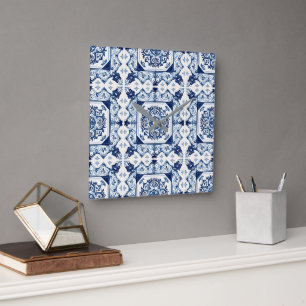 Reloj Cuadrado Baldosas mediterráneas, portuguesas, azulejo, mall