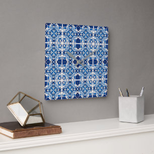 Reloj Cuadrado Baldosas mediterráneas, portuguesas, azulejo, mall