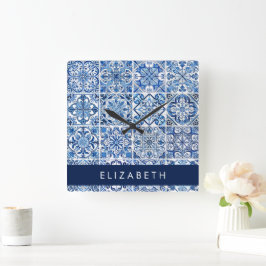 Reloj Cuadrado Baldosas mediterráneas, portuguesas, azulejo, tu n