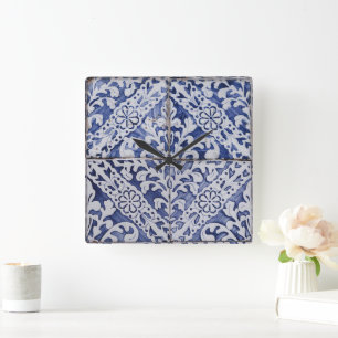 Reloj Cuadrado Baldosas portuguesas - Azulejo Floral azul y blanc