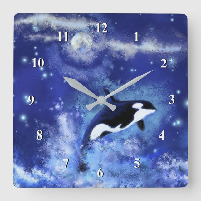 Reloj Cuadrado Ballena asesina en luna llena - Dibujo de arte - A (Anverso)