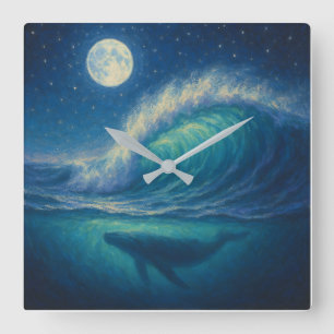 Reloj Cuadrado Ballena Bajo Ola a la Luz de la Luna - Estilo de P