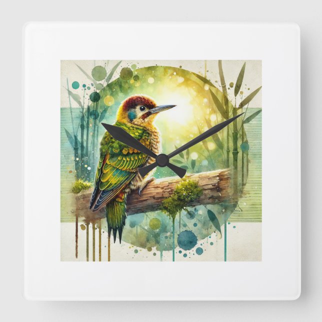Reloj Cuadrado Bamboo woodpecker 110924AREF101 - Watercolor (Anverso)