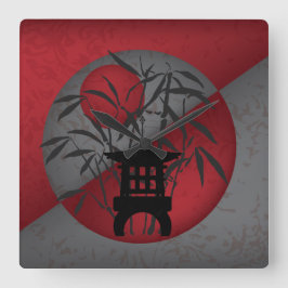 Reloj Cuadrado Bambú gris luna roja mini pagoda