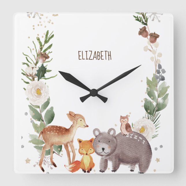 Reloj Cuadrado Bandas de animales de Woodland (Anverso)
