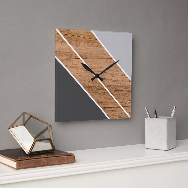 Reloj Cuadrado Bandas De Bloqueo Contemporáneas En Faux Woodgrain (Oficina)