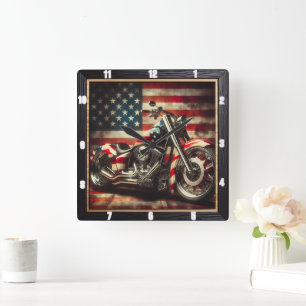 Reloj Cuadrado Bandera americana de motocicleta Patriótica