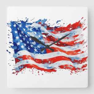 Reloj Cuadrado Bandera Americana USA Acuarela 4 de Julio