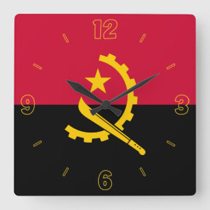 Reloj Cuadrado Bandera angoleña roja números amarillos negros pat