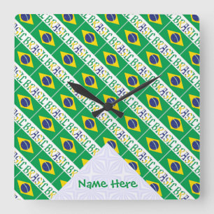 Reloj Cuadrado Bandera brasileña cubierta con tu nombre