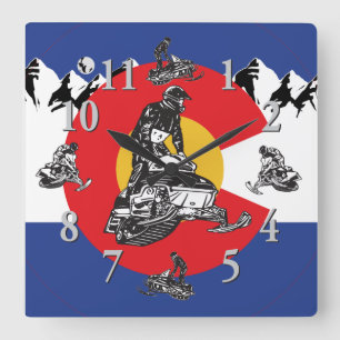 Reloj Cuadrado Bandera de Colorado y motos de nieve