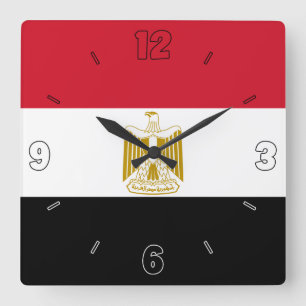 Reloj Cuadrado Bandera de Egipto Rojo Números blancos negros Patr