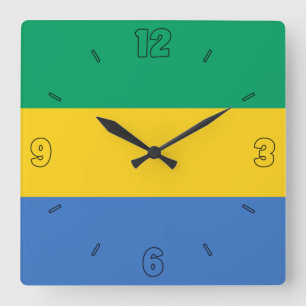 Reloj Cuadrado Bandera de Gabón Amarillo Azul Verde Números Patri