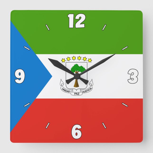 Reloj Cuadrado Bandera de Guinea Ecuatorial Números rojos verdes  (Anverso)