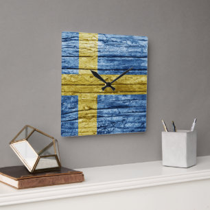 Reloj Cuadrado Bandera de madera de Suecia