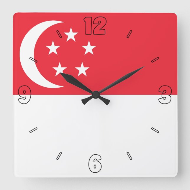 Reloj Cuadrado Bandera de Singapur: Red White Numbers Patriótico (Anverso)