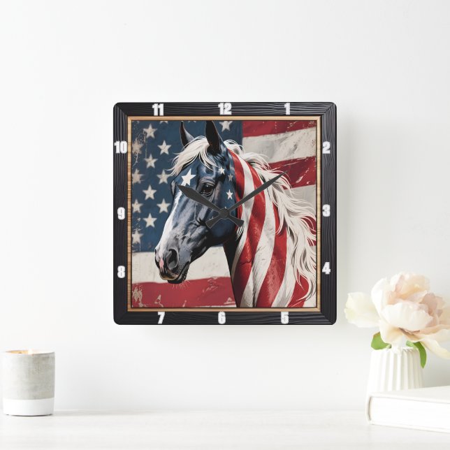 Reloj Cuadrado Bandera estadounidense de caballos patrióticos (Hogar)