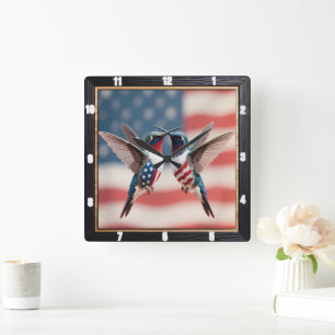 Reloj Cuadrado Bandera estadounidense de Hummingbirds