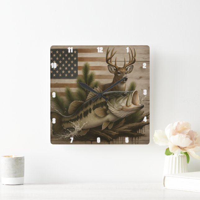 Reloj Cuadrado Bandera estadounidense Deer Bass (Hogar)