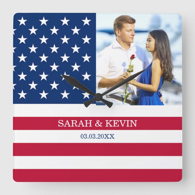 Reloj Cuadrado Bandera estadounidense fotográfica personalizado (Anverso)