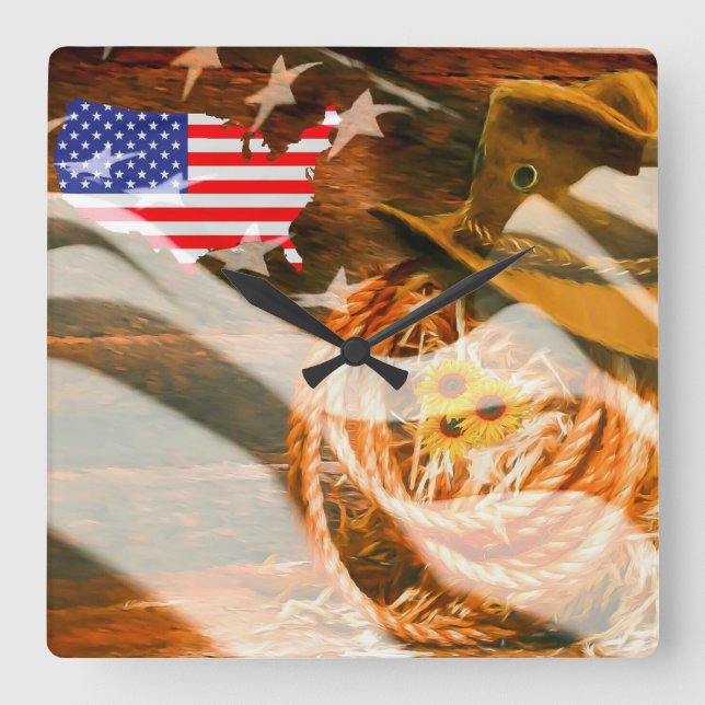 Reloj Cuadrado Bandera estadounidense Sunrays Cowboy Gorra Lasso (Anverso)