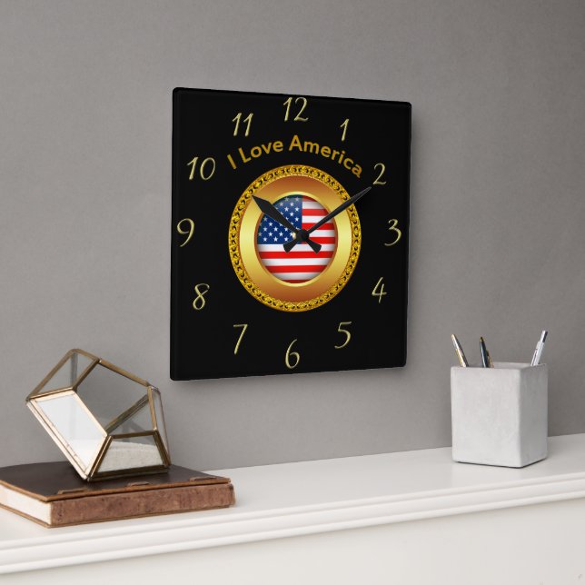 Reloj Cuadrado Bandera nacional estadounidense con marco dorado (Oficina)