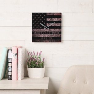 Reloj Cuadrado Bandera norteamericana rosa y negra vintage
