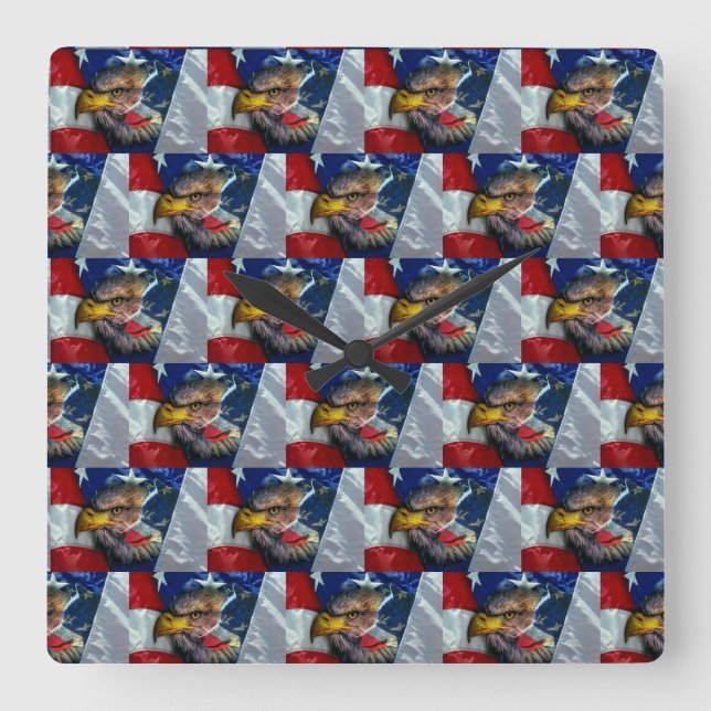 Reloj Cuadrado Bandera Patriótica Americana Bald Eagle Wolf (Anverso)