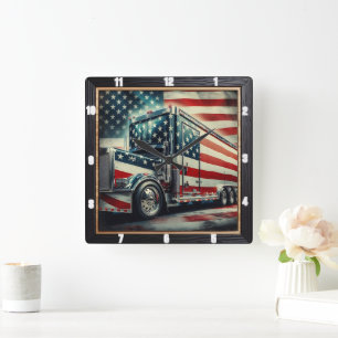 Reloj Cuadrado Bandera Patriótica Americana Semi Truck