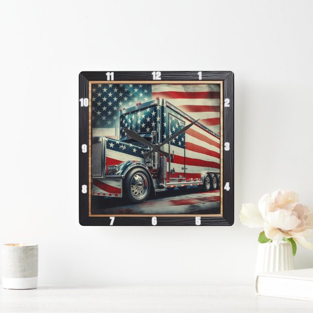 Reloj Cuadrado Bandera Patriótica Americana Semi Truck (Hogar)