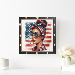 Reloj Cuadrado Bandera patriótica norteamericana de retro