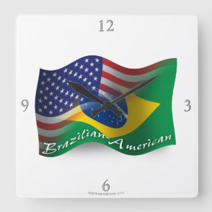 Reloj Cuadrado Bandera que agita Brasileño-Americana