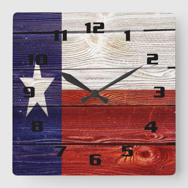 Reloj Cuadrado Bandera Rústica de Texas sobre textura de madera i (Anverso)
