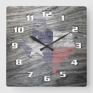 Reloj Cuadrado Bandera Rustica Patriótica de Texas sobre textura