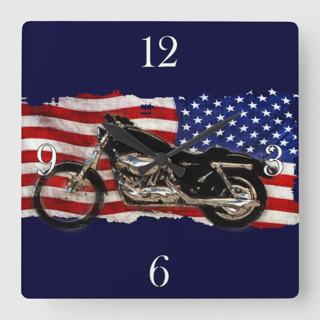 Reloj Cuadrado Bandera y motocicleta de Estados Unidos, moto y ar (Anverso)