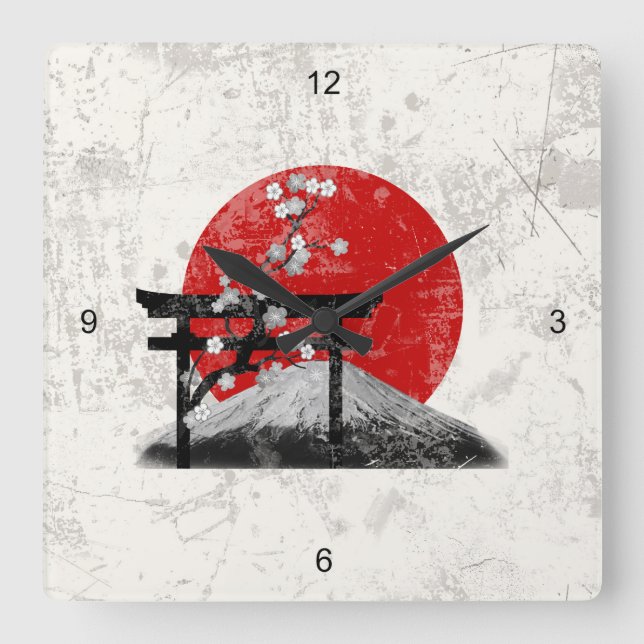 Reloj Cuadrado Bandera y símbolos de Japón ID153 (Anverso)
