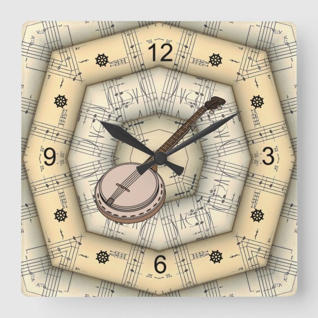 Reloj Cuadrado Banjo ~ Diseño musical extraño ~ Único ~ ~ (Anverso)