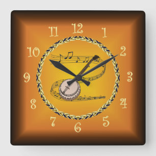 Reloj Cuadrado Banjo En Desplazamiento Musical Y Naranja Rústico
