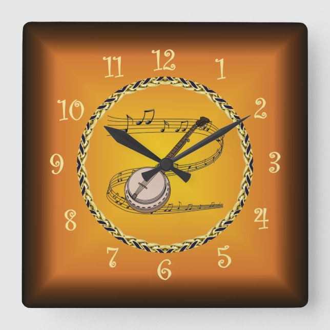 Reloj Cuadrado Banjo En Desplazamiento Musical Y Naranja Rústico  (Anverso)