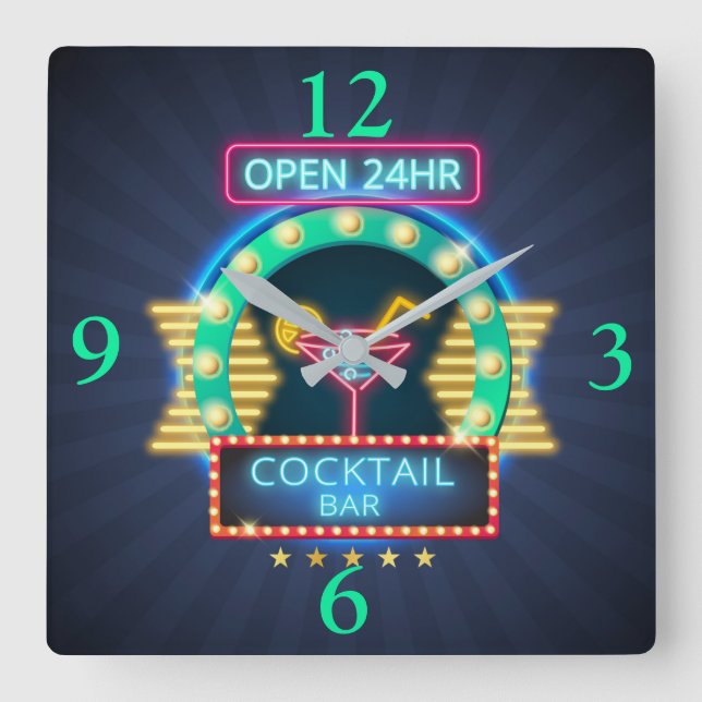 Reloj Cuadrado Bar de cócteles Neon Rótulo Square Wall Clock (Anverso)