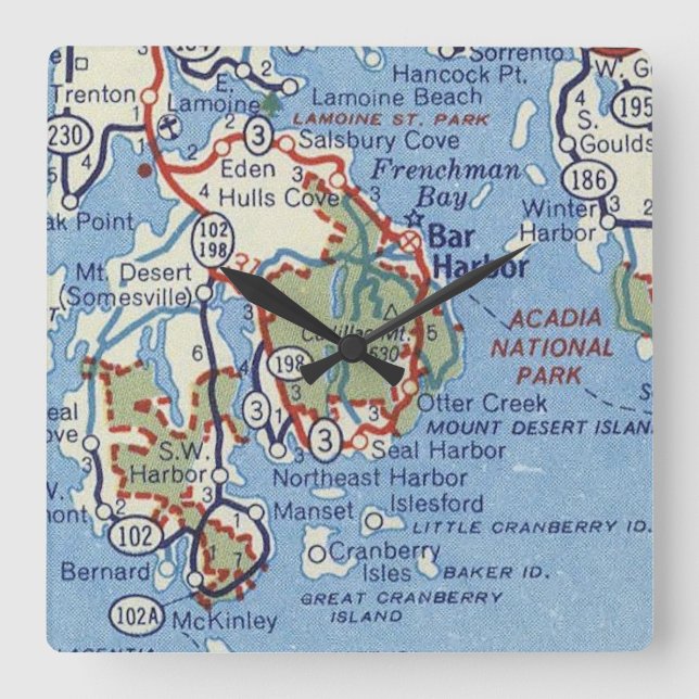 Reloj Cuadrado Bar Harbor and Acadia National Park Map (Anverso)