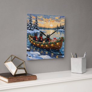 Reloj Cuadrado Barca de Navidad del Gato Negro Fiesta