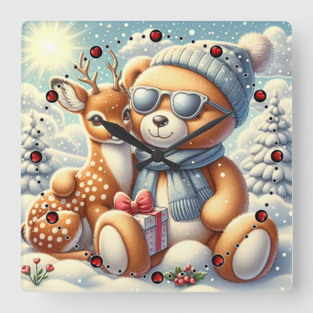 Reloj Cuadrado Bärchen Rehkitz Weihnachten Christmas (Anverso)