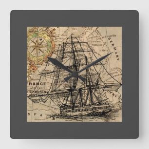 Reloj Cuadrado Barco Antiguo y Mapa