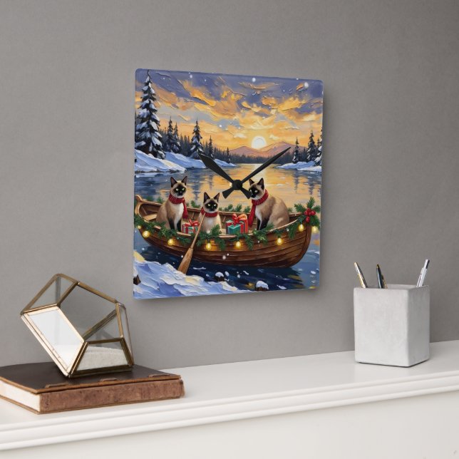 Reloj Cuadrado Barco de Navidad de Gato Siames (Oficina)