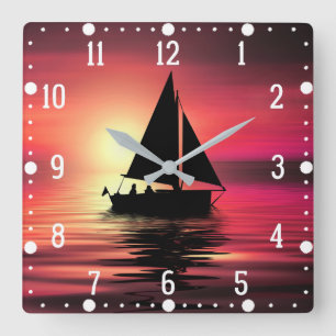 Reloj Cuadrado Barco de vela al atardecer en el mar Diseño de art